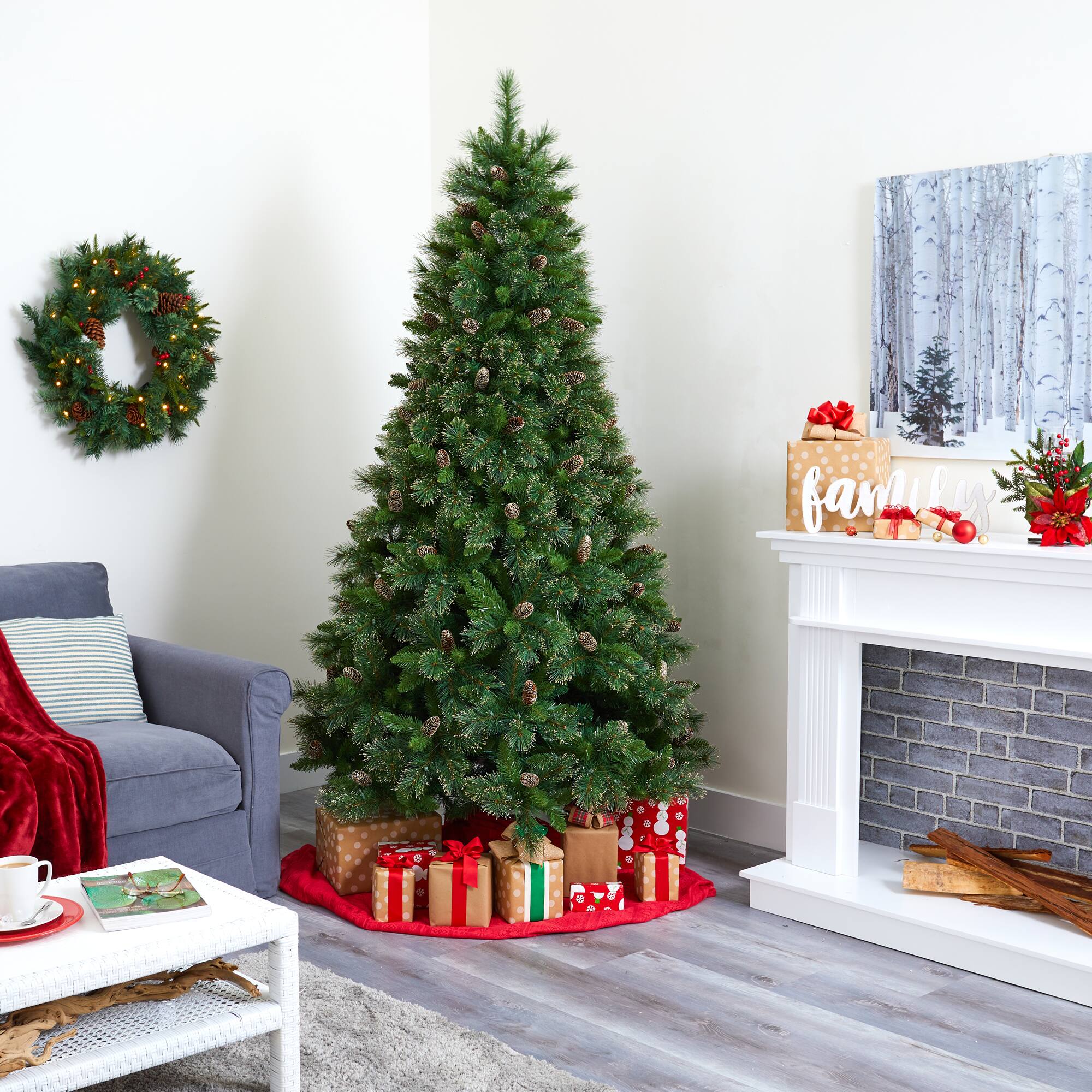 7.5ft. Pre-Lit Golden Tip Washington Pine & Pinecones Artificial Christmas Tree with Clear Lights